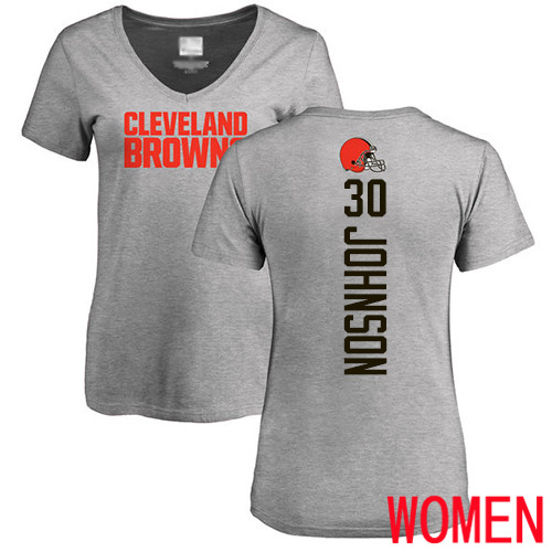 Cleveland Browns D Ernest Johnson Women Ash Jersey #30 NFL Football Backer V-Neck T Shirt
